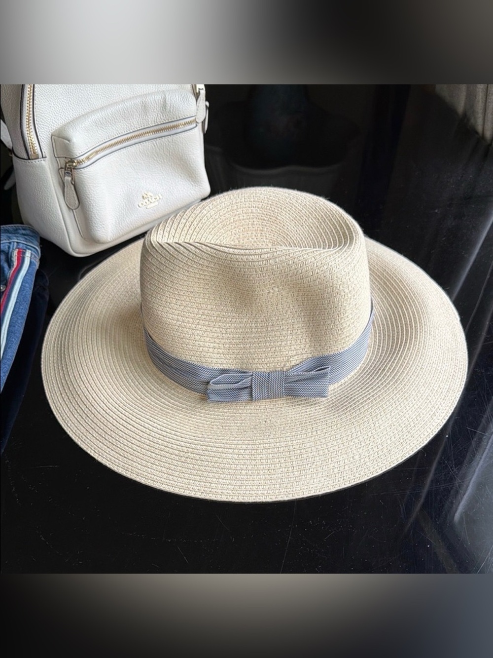 NWOT - J. McLaughlin Cream Straw Sun Hat with Light Blue Ribbon